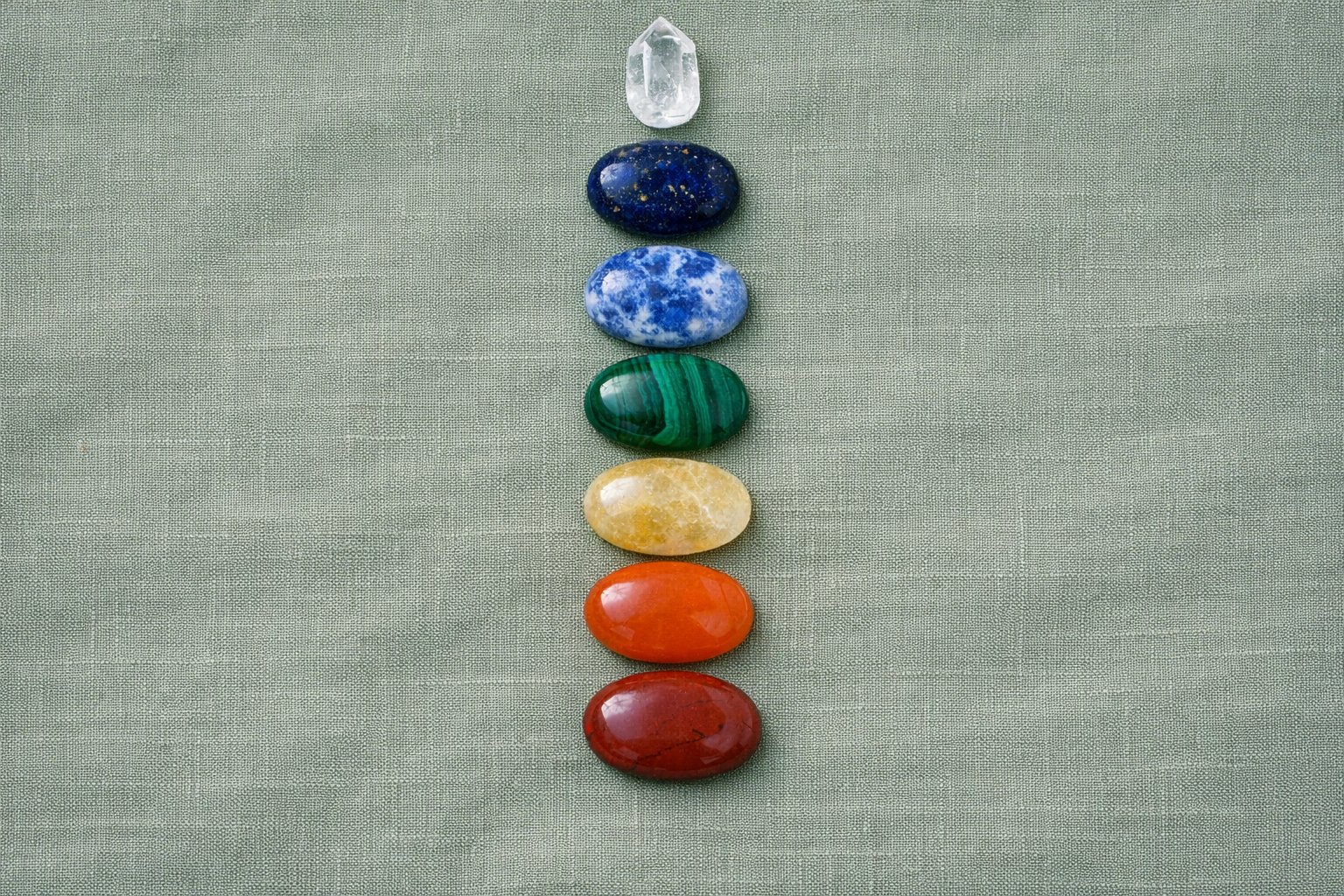 Seven chakra crystals aligned in a vertical line on sage linen, from root to crown: red jasper, carnelian, citrine, malachite, sodalite, lapis lazuli, and clear quartz
