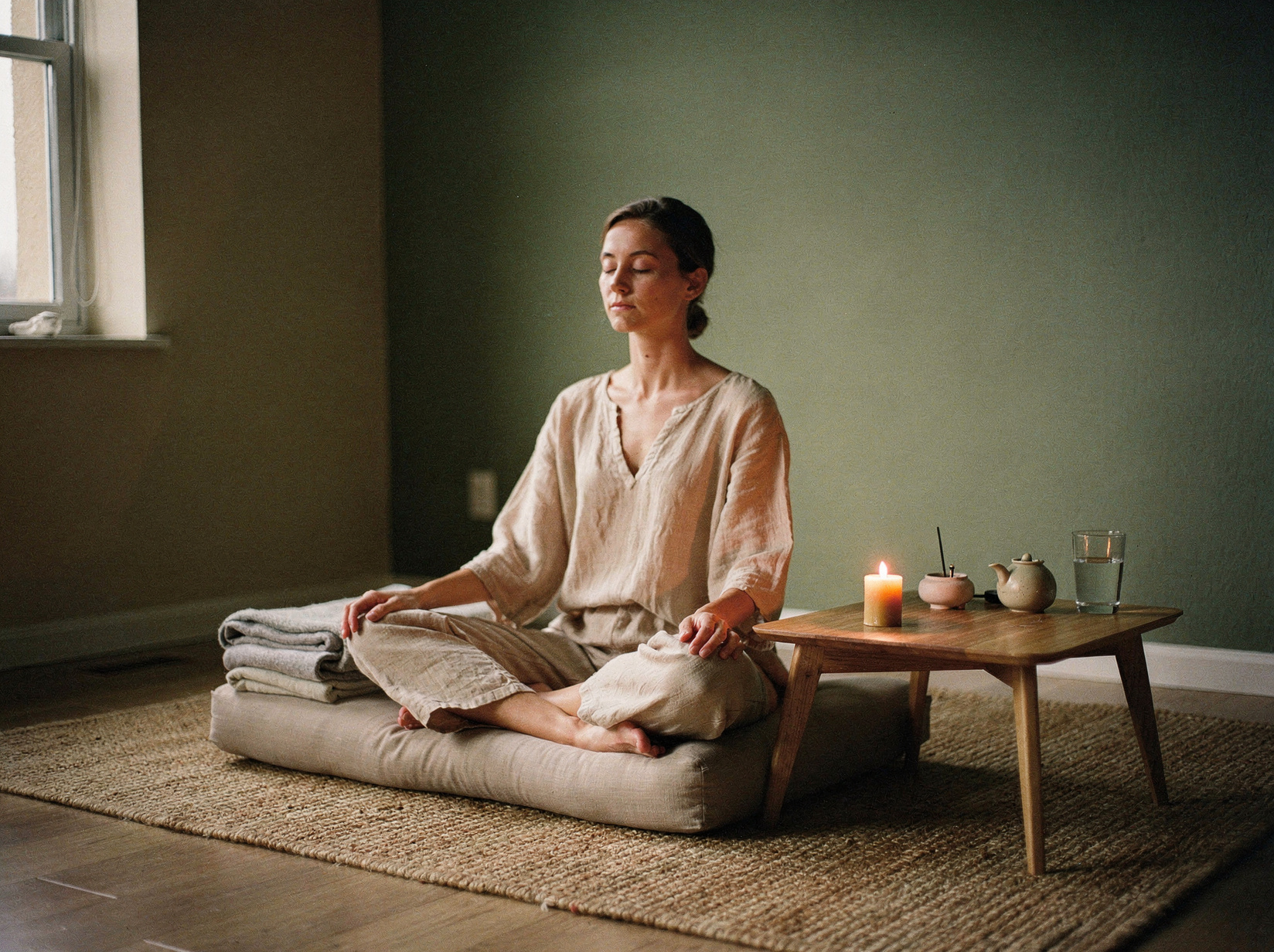 Quiet evening meditation corner with candle glowing softly