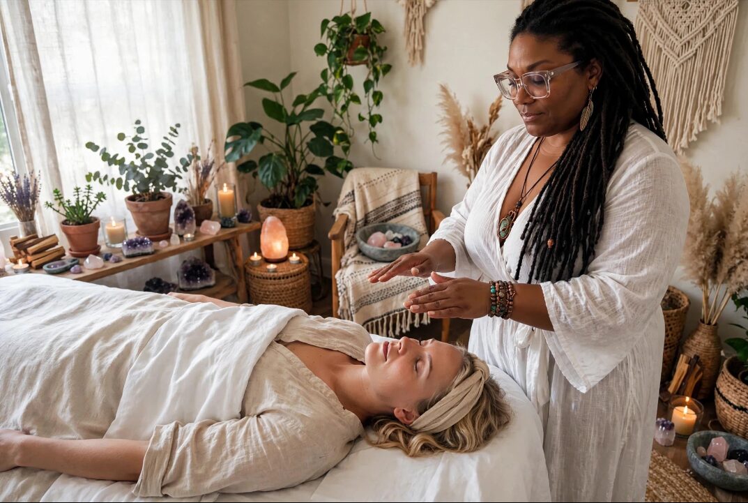 Reiki healing session — practitioner holding hands above client resting on treatment table, warm sacred space with crystals and plants