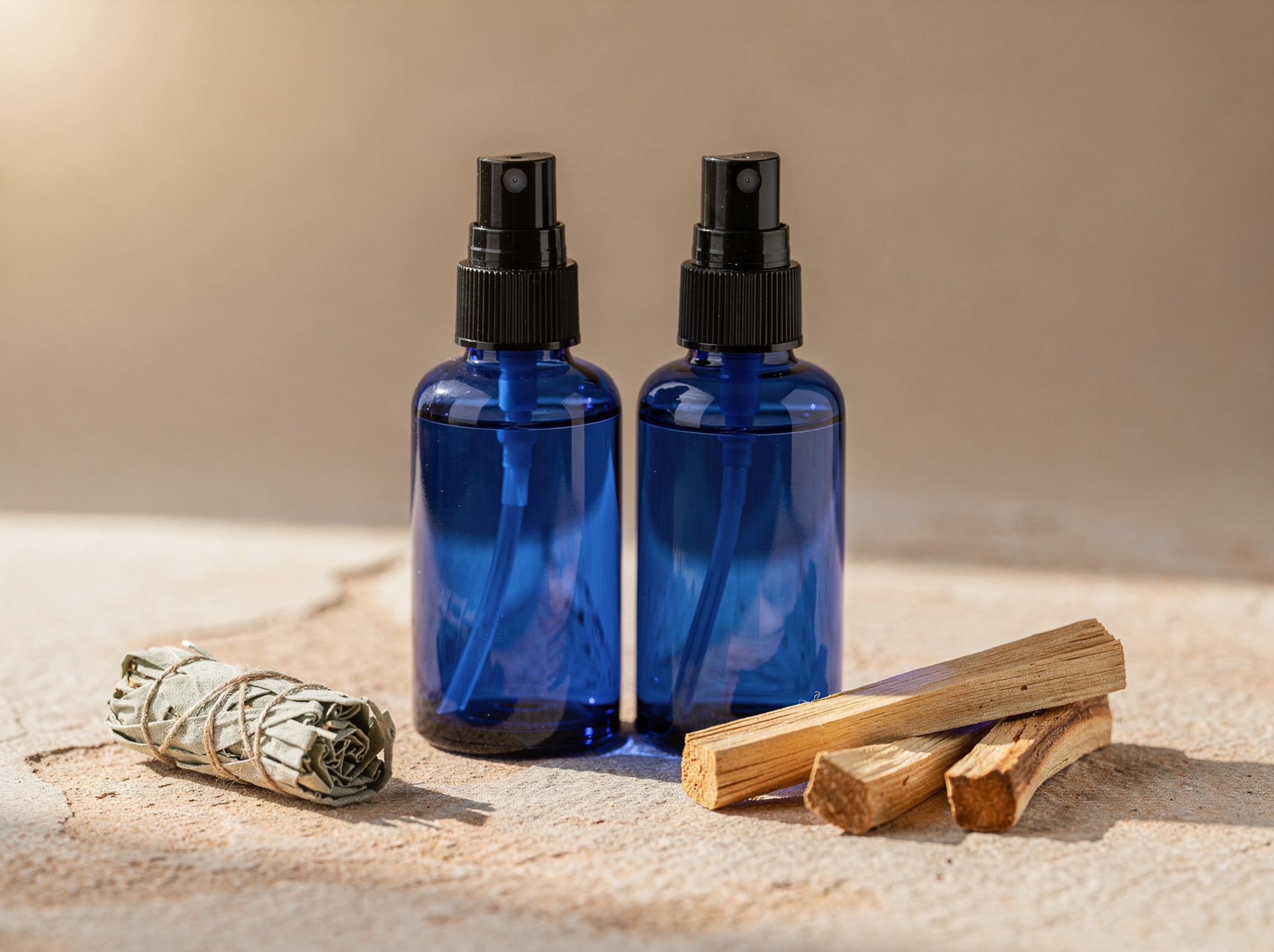 Temporary photo: two blank cobalt blue 2oz glass spray bottles with black tops on stone with sage and palo santo