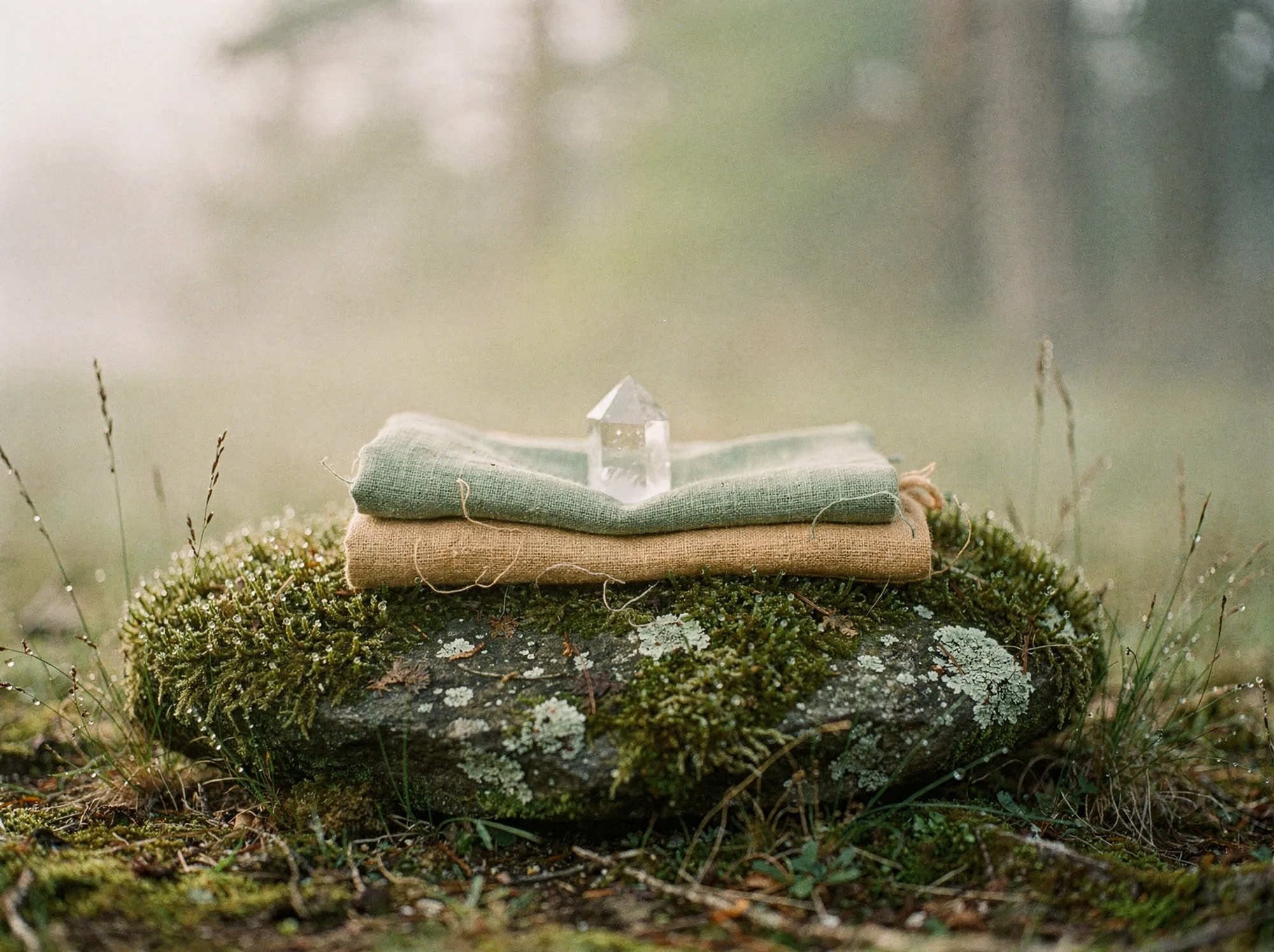 Folded linen cloth with a clear quartz crystal resting on top, on a mossy stone in a quiet misty outdoor space at dawn