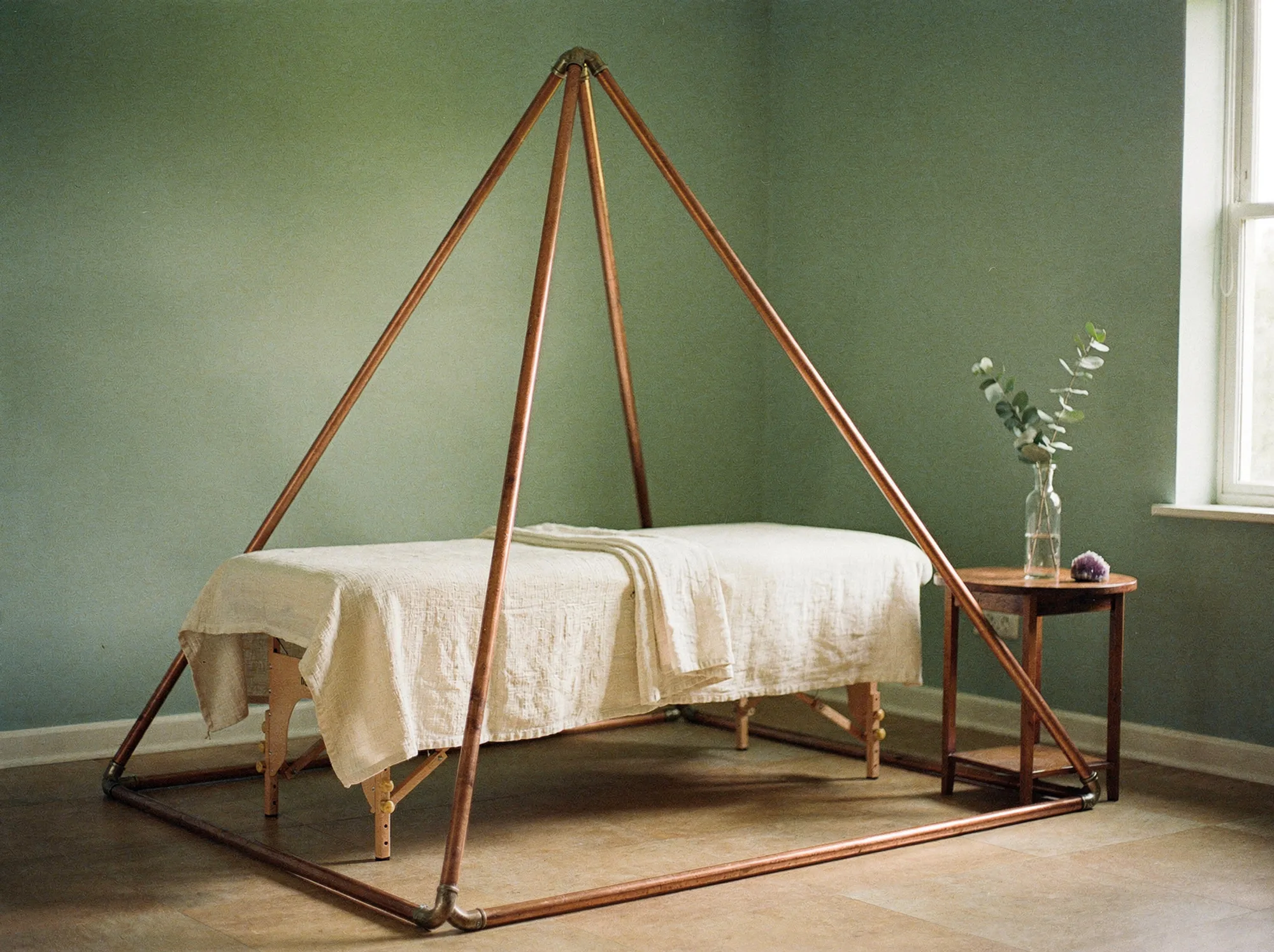 Empty Reiki treatment table with natural linen inside an open copper pyramid frame with its base resting on the floor around the table, in soft morning light